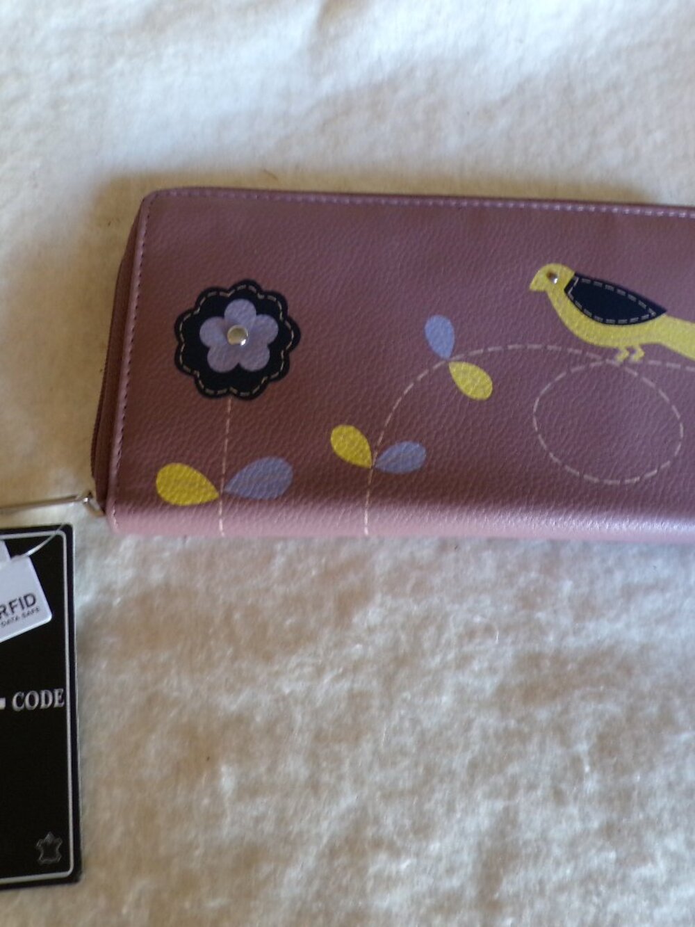 100% Genuine Leather RFID Protected Applique Wallet Purple Color Floral Pattern